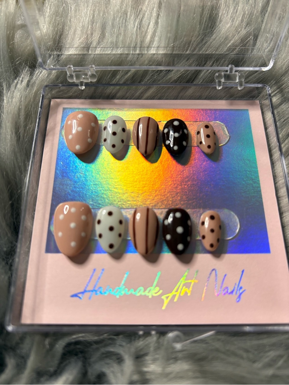 Handmade Art Nails Neutral Polka & Stripe Mixed Media Set - Beige, Cream, Brown
